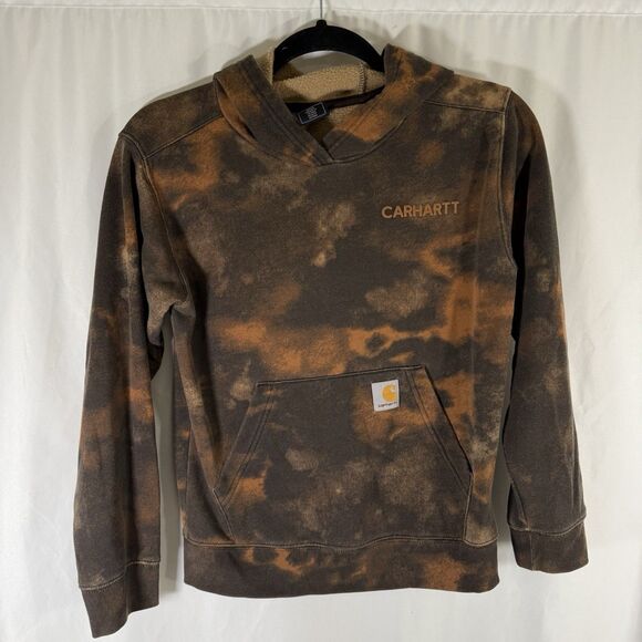 Carhartt Hoodie Boys Medium 10 12 Brown Tie Dye Pockets Cotton Blend - Picture 1 of 12